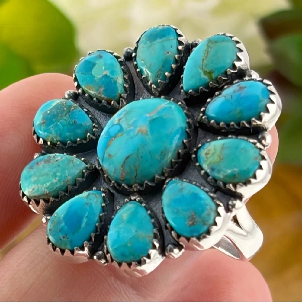 Pure Sterling Silver 925 Kingman Turquoise Cluster Ring 9.25 9 1/4 Navajo Style - Picture 6 of 10